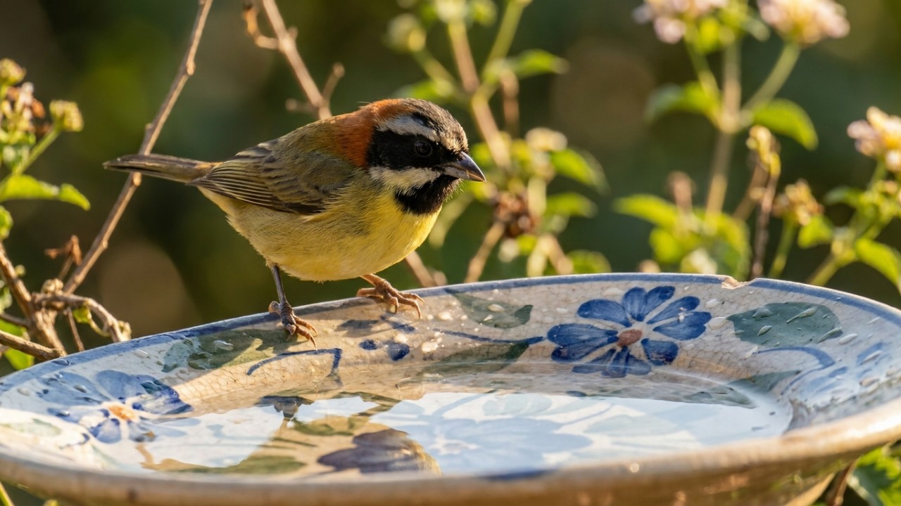 Quem tem um bebedouro para pássaros é orientado a colocar um item natural nele A pedra central e o cascalho no fundo do bebedouro garantem um pouso seguro para as aves menores. – Imagem gerada por IA