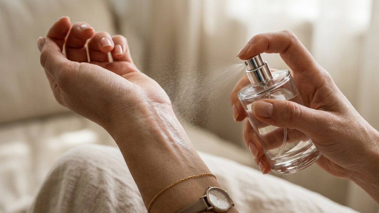 Em vez de exagerar no perfume ou aplicar apenas nos pulsos, especialistas recomendam o “método do triangulo invertido”: você sente o aroma e as outras pessoas também percebem melhor Evitar a aplicação de perfume no pescoço previne o ressecamento e o envelhecimento precoce da pele. – Imagem gerada por IA