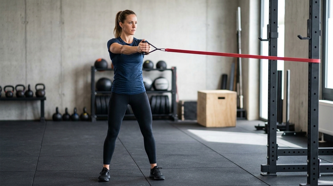 O Pallof Press é um exercício de resistência que utiliza faixas elásticas ou cabos para criar uma força lateral.