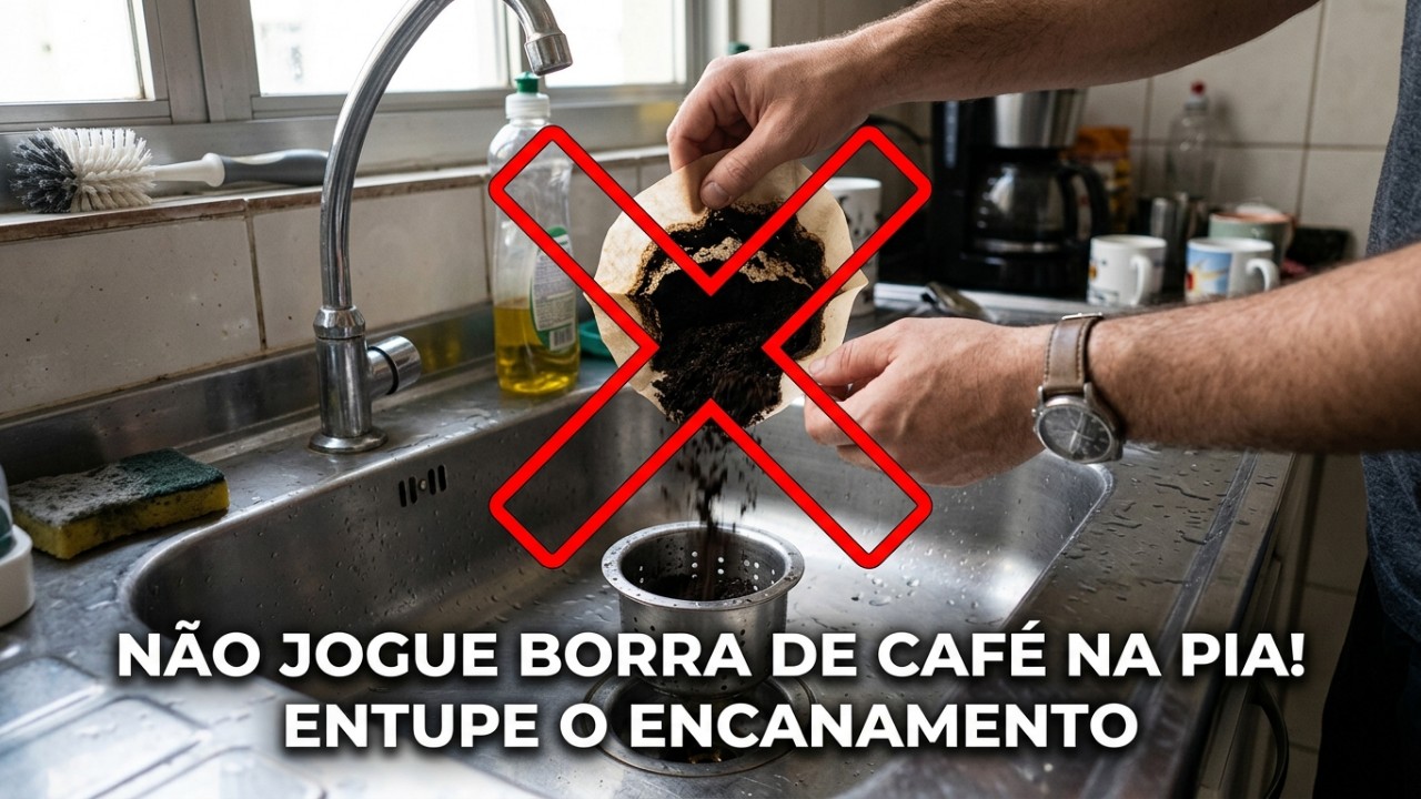 Demorei muito para entender por que a borra de café não deve ser jogada no ralo da pia A mistura de resíduos orgânicos com gordura líquida solidifica nos canos de PVC e causa graves entupimentos. – Imagem gerada por IA