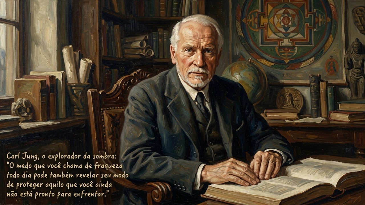 Carl Jung, o explorador da sombra: “O medo que você chama de fraqueza todo dia também pode revelar o seu jeito de proteger o que ainda não está pronto para enfrentar” Encarar os bloqueios e conteúdos reprimidos da nossa sombra é o passo inicial para desarmar os gatilhos que geram o cansaço mental. – Imagem gerada por IA
