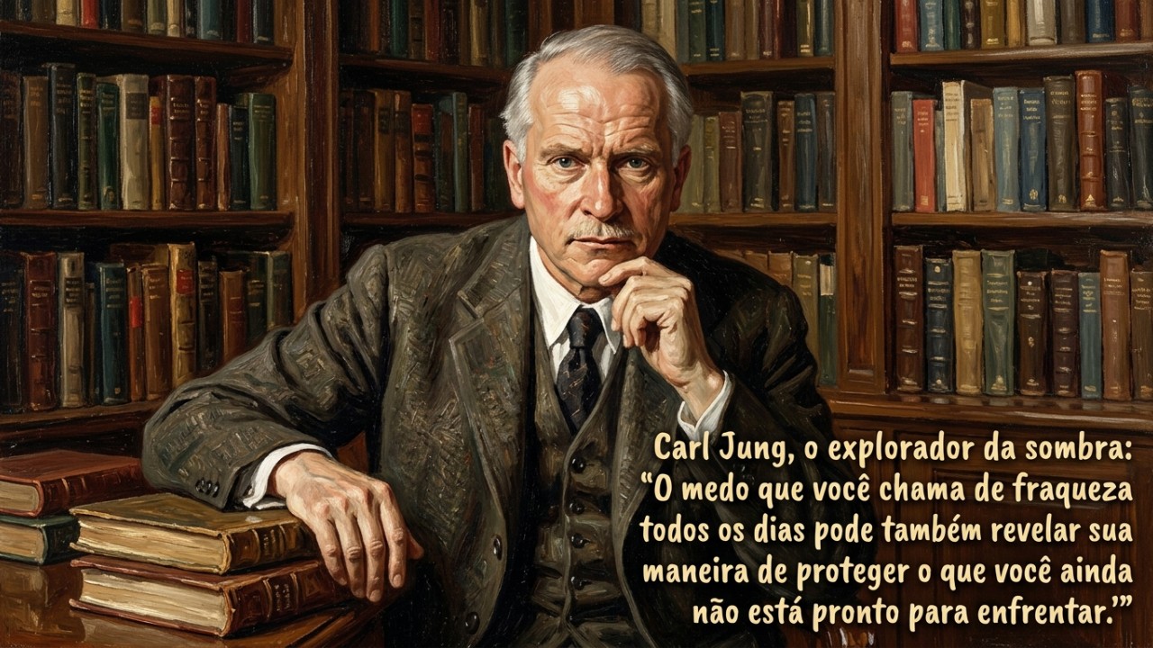 Carl Jung, o explorador da sombra: “O medo que você chama de fraqueza todo dia também pode revelar o seu jeito de proteger o que ainda não está pronto para enfrentar” Integrar a totalidade da nossa personalidade através da auto-observação nos liberta das defesas automáticas e promove a verdadeira saúde emocional. – Imagem gerada por IA