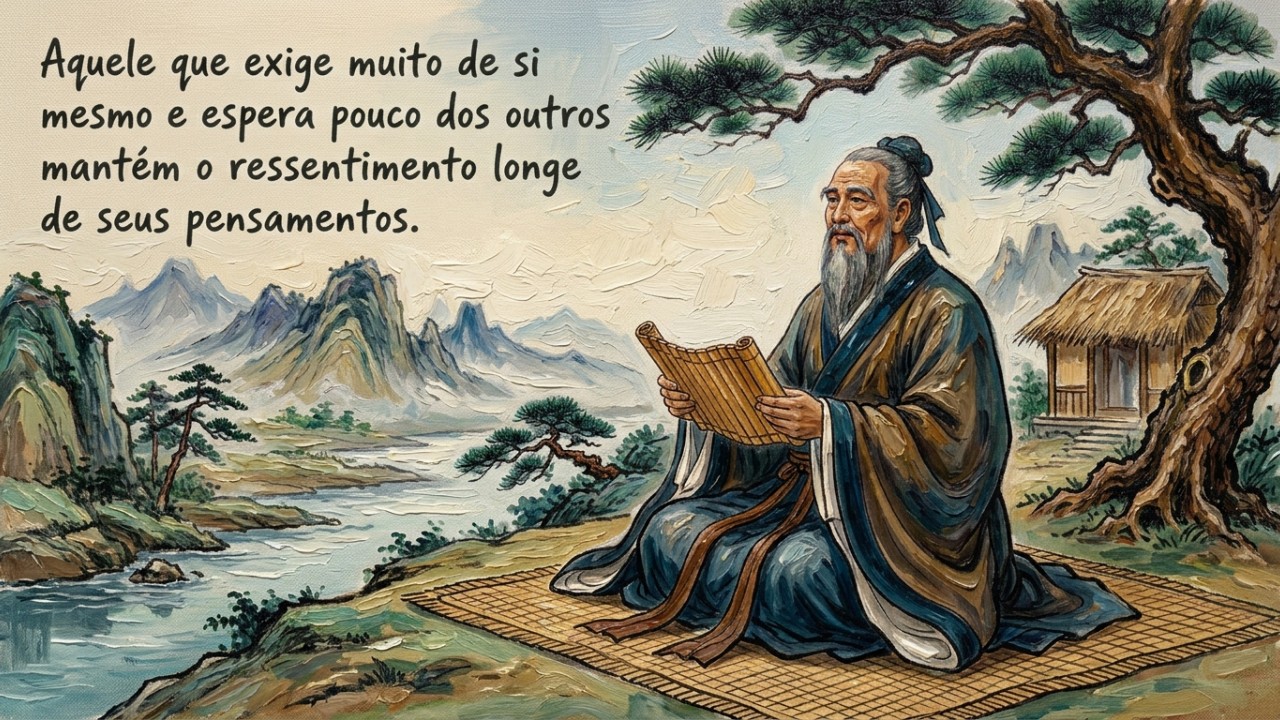 A filosofia de Confúcio ensina que o controle das ambições e a tolerância com as falhas alheias protegem a mente contra as frustrações diárias. – Imagem gerada por IA