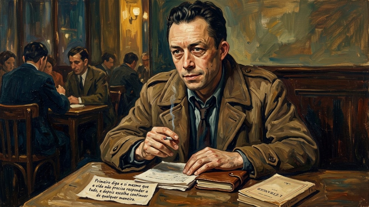 Albert Camus, escritor e filósofo franco-argelino, já nos cutucava desde o século XX: “Primeiro diga a si mesmo que a vida não precisa responder tudo, depois escolha continuar mesmo assim” A filosofia do absurdo nos ensina a encontrar liberdade na ausência de respostas prontas para a rotina. – Imagem gerada por IA