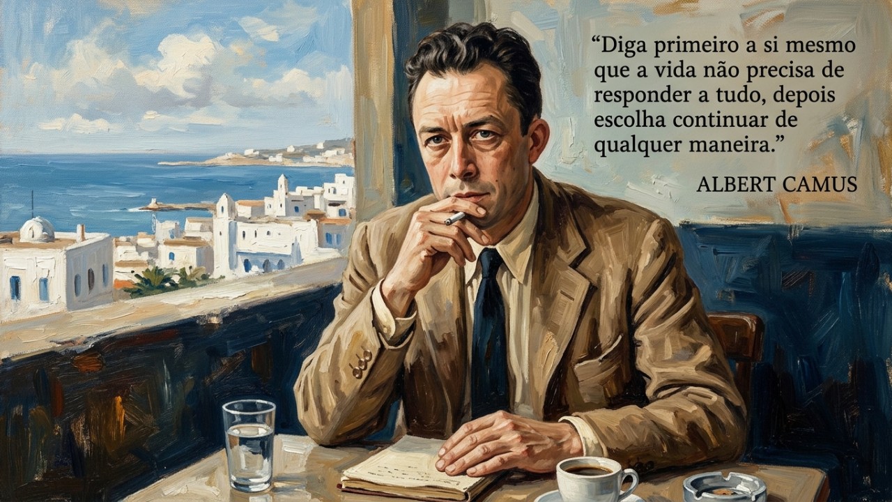 Albert Camus, escritor e filósofo franco-argelino, já nos cutucava desde o século XX: “Primeiro diga a si mesmo que a vida não precisa responder tudo, depois escolha continuar mesmo assim” Aceitar a falta de um sentido definitivo permite viver o presente com mais autonomia e intensidade. – Imagem gerada por IA