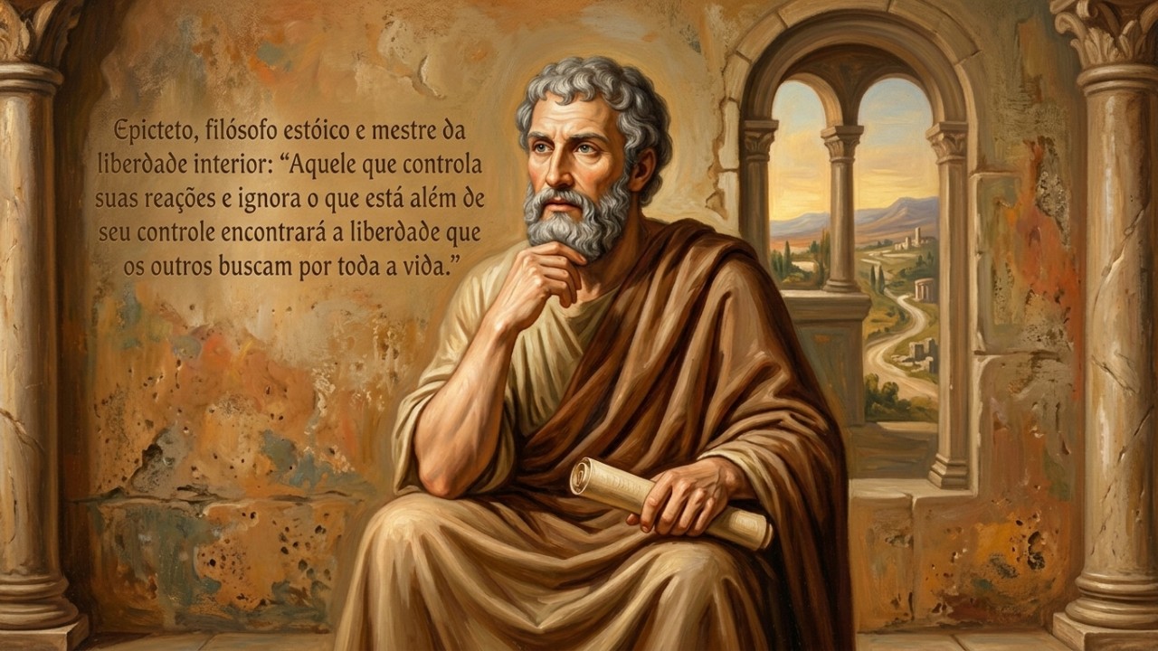 Epicteto, filósofo estoico e mestre da liberdade interior: “Aquele que controla suas reações e ignora aquilo que não depende dele encontrará a liberdade que os outros procuram a vida inteira.” A sabedoria estoica ensina que o verdadeiro autocontrole nasce ao focarmos apenas naquilo que depende de nós. – Imagem gerada por IA