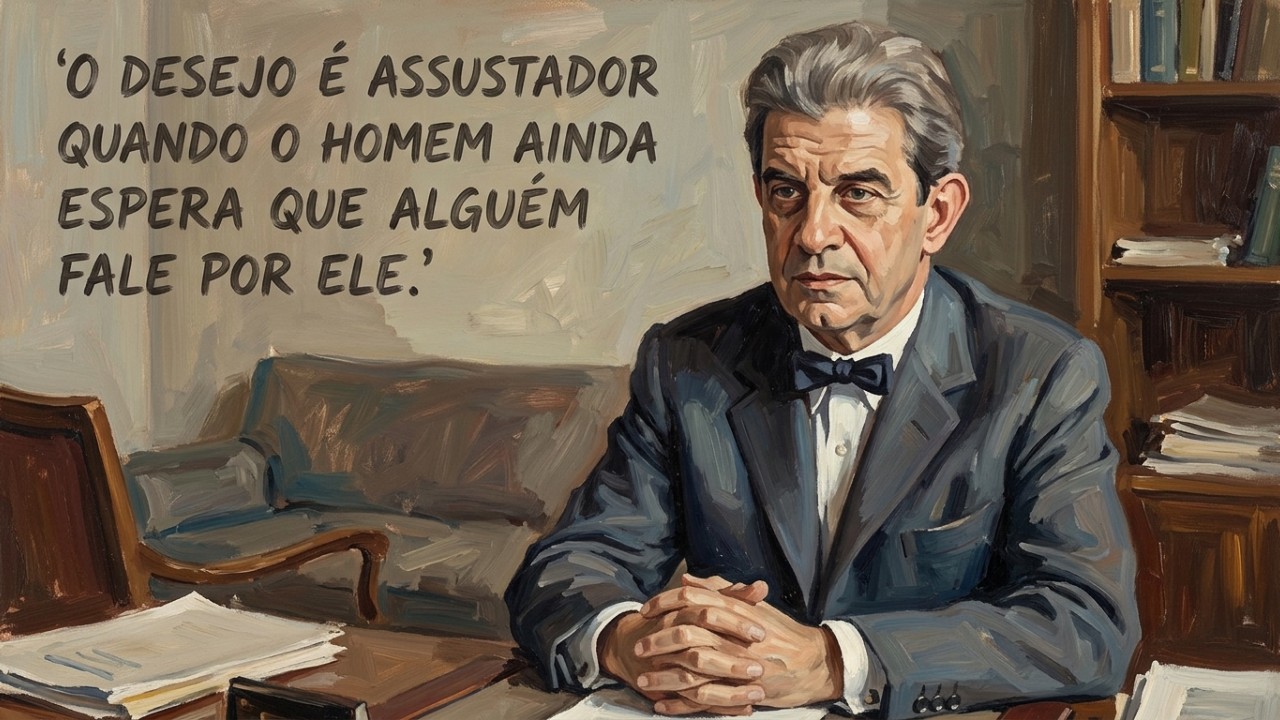 Jacques Lacan, psicanalista e médico francês: “O desejo assusta quando o homem ainda espera que alguém fale por ele.” A psicanálise ajuda a separar o desejo autêntico da demanda alheia para que o sujeito possa resgatar a sua fala genuína e alcançar a autonomia emocional. – Imagem gerada por IA