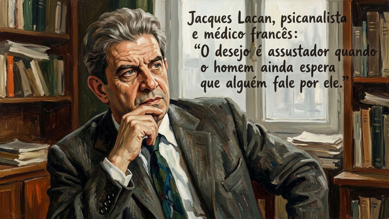 Jacques Lacan, psicanalista e médico francês: “O desejo assusta quando o homem ainda espera que alguém fale por ele.” A compreensão sobre o inconsciente revela como a busca por aprovação externa pode paralisar as nossas escolhas e afetar a nossa autonomia diária. – Imagem gerada por IA