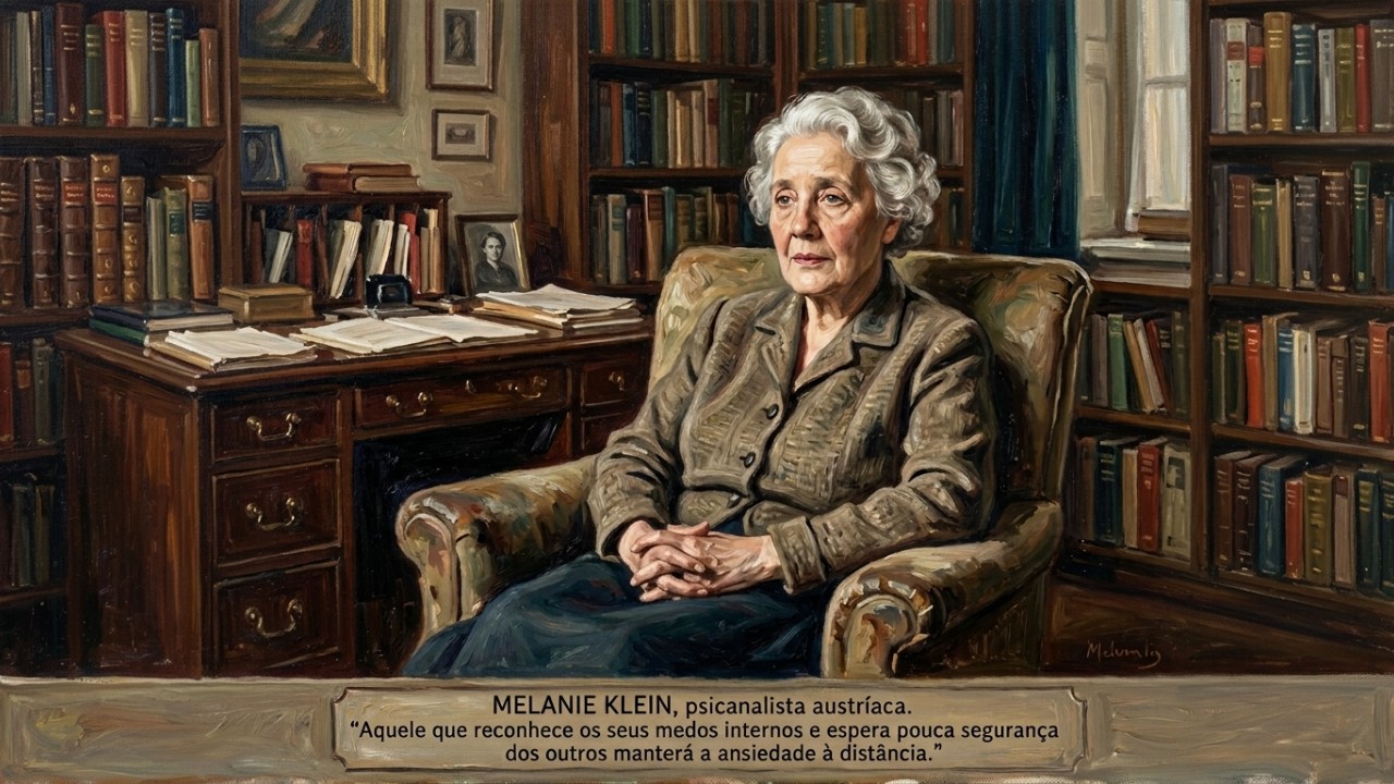 Melanie Klein, psicanalista austríaca: “Aquele que reconhece seus medos internos e espera pouco da segurança dos outros manterá a ansiedade à distância.” A busca constante por aprovação externa reflete o desequilíbrio das nossas relações de objeto e desgasta a estabilidade emocional. – Imagem gerada por IA