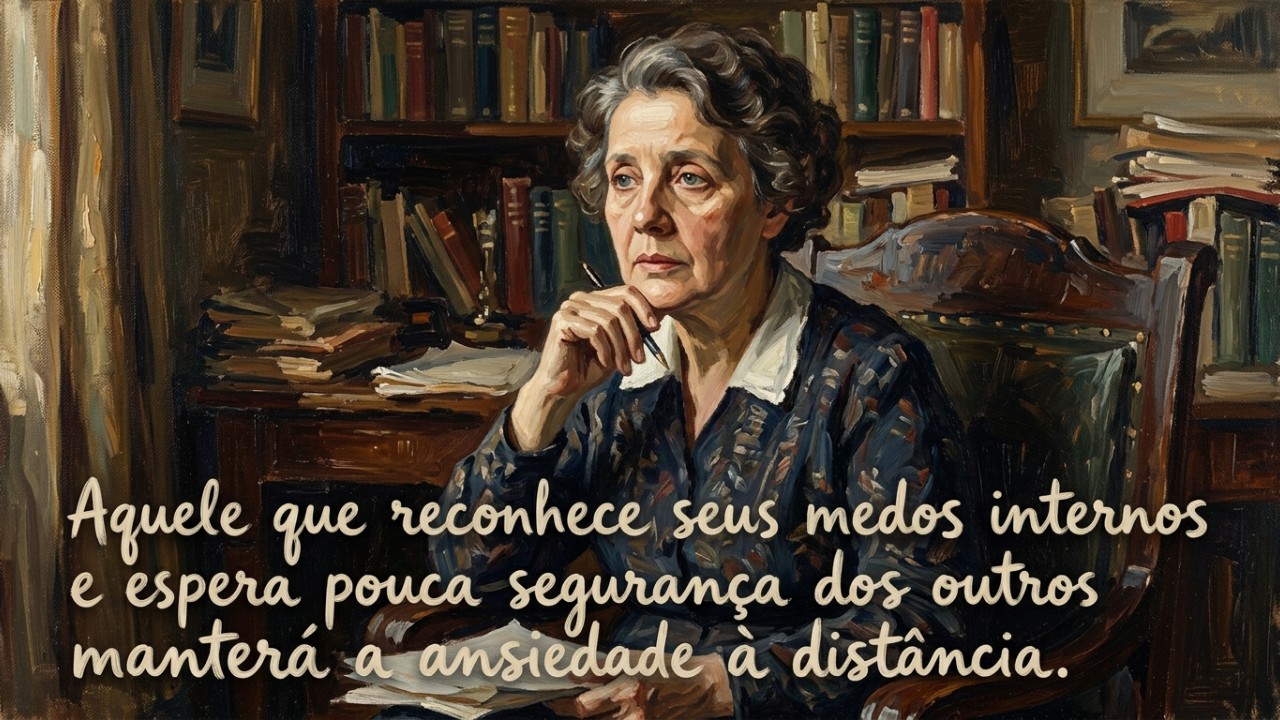 Melanie Klein, psicanalista austríaca: “Aquele que reconhece seus medos internos e espera pouco da segurança dos outros manterá a ansiedade à distância.” A transição para a posição depressiva permite integrar as contradições do outro e desenvolver uma autonomia emocional autêntica. – Imagem gerada por IA