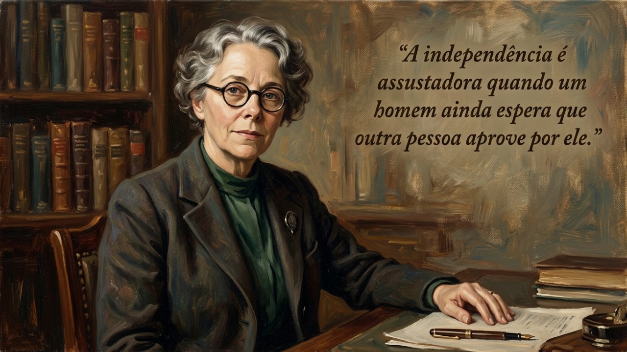 Karen Horney, psicanalista e médica alemã: “A independência assusta quando o homem ainda espera que alguém aprove por ele.” Desenvolver a segurança interna através do autoconhecimento é o primeiro passo para conquistar a verdadeira autonomia emocional. – Imagem gerada por IA