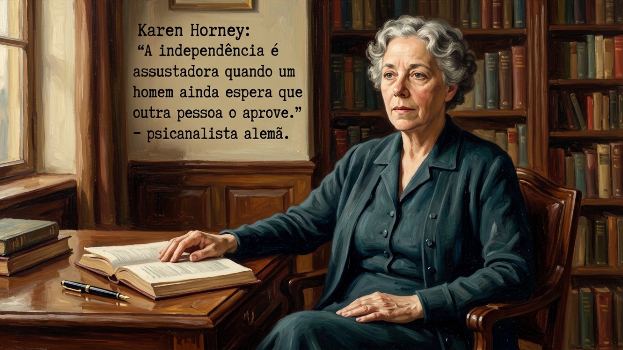 Karen Horney, psicanalista e médica alemã: “A independência assusta quando o homem ainda espera que alguém aprove por ele.” A dependência severa de aprovação externa anula nossas escolhas e transforma a rotina em um ciclo exaustivo. – Imagem gerada por IA