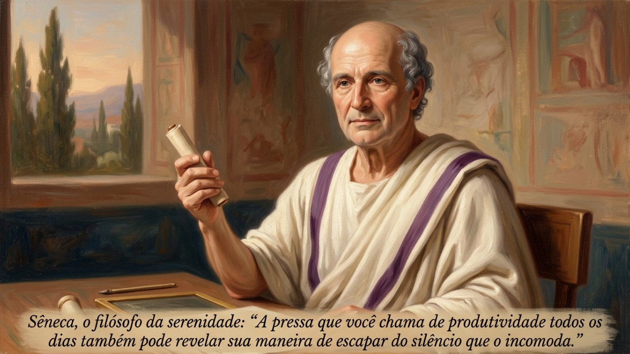 Sêneca, o filósofo da serenidade: “A pressa que você chama de produtividade todo dia também pode revelar o seu jeito de fugir do silêncio que te incomoda” A busca incessante por produtividade funciona como um anestésico social contra o vazio existencial contemporâneo. – Imagem gerada por IA