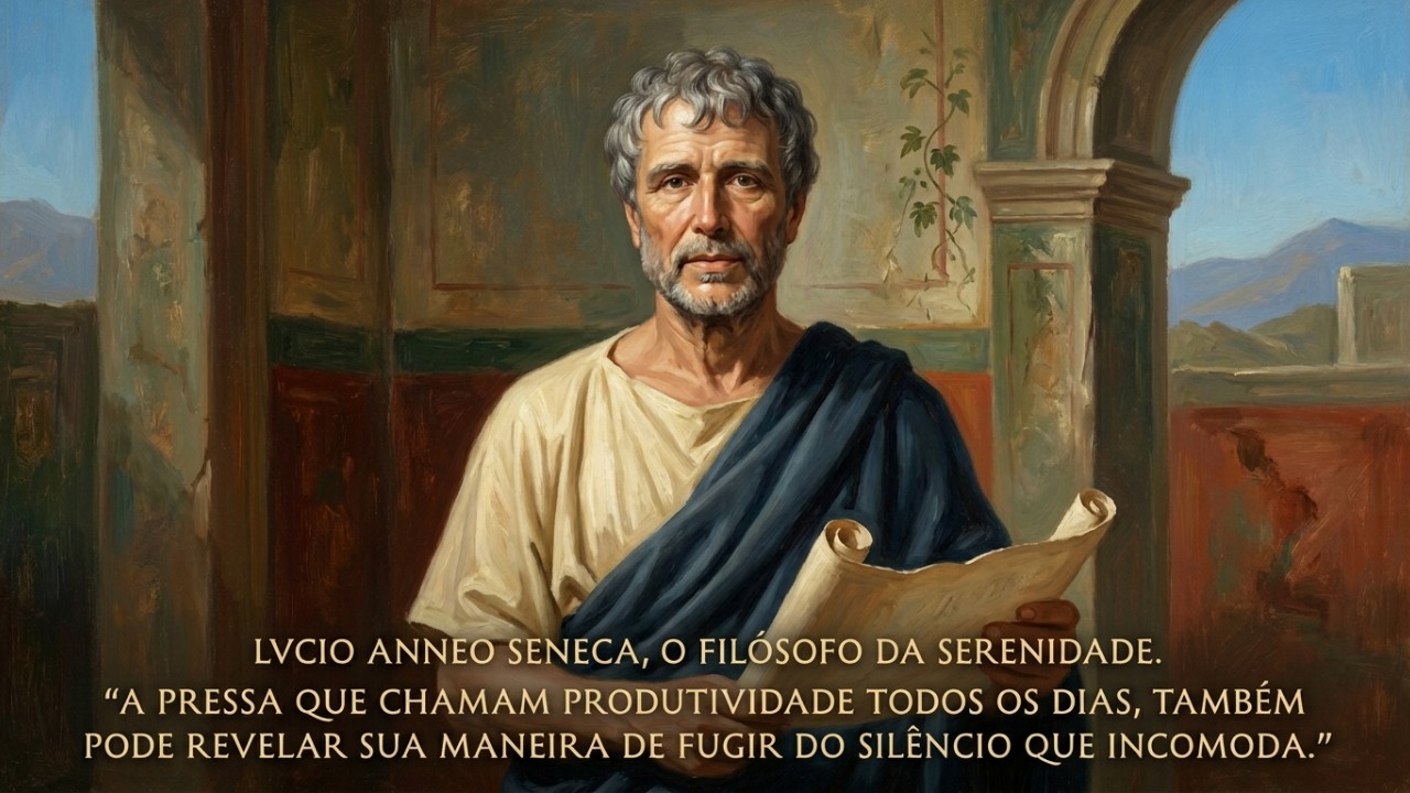 Sêneca, o filósofo da serenidade: “A pressa que você chama de produtividade todo dia também pode revelar o seu jeito de fugir do silêncio que te incomoda” O verdadeiro sucesso consiste em dominar os próprios impulsos e alcançar a paz duradoura através da desaceleração. – Imagem gerada por IA