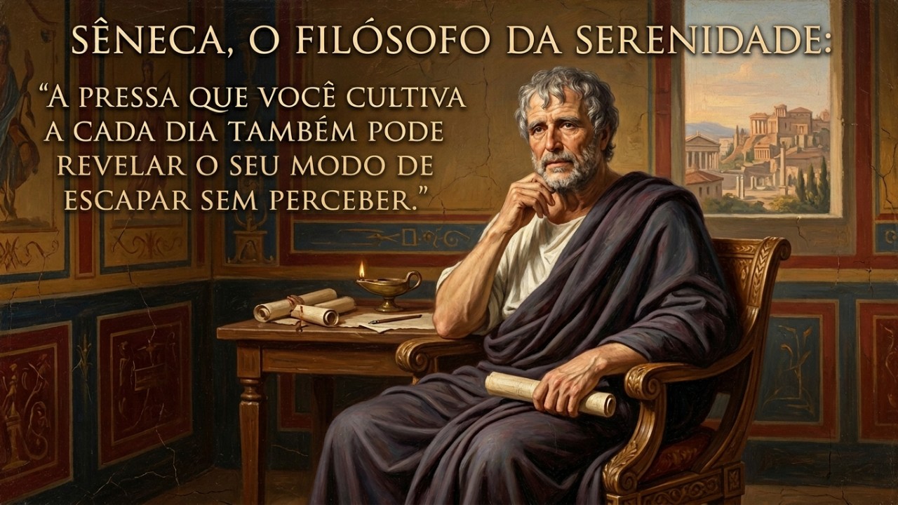 Sêneca, o filósofo da serenidade: “A pressa que você cultiva todo dia também pode revelar o seu jeito de fugir sem perceber” A pressa constante funciona como uma fuga da nossa própria mente e nos afasta da verdadeira essência. – Imagem gerada por IA
