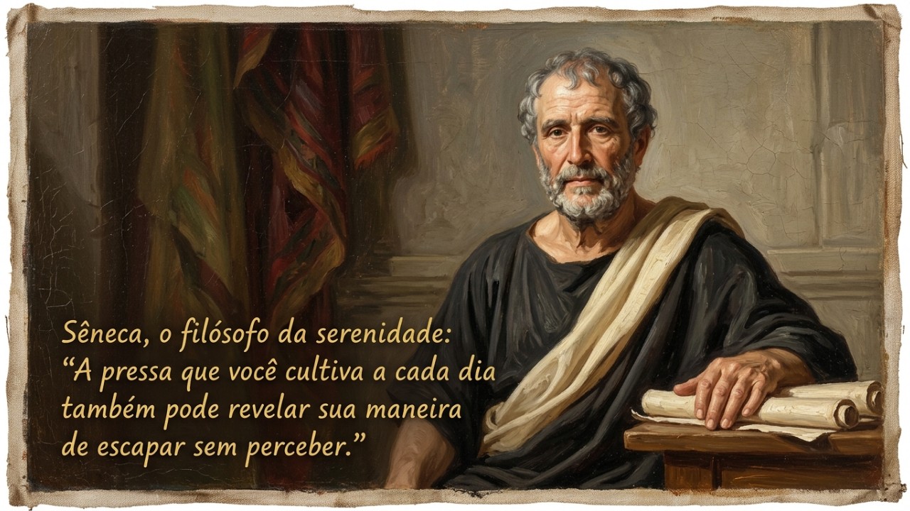 Sêneca, o filósofo da serenidade: “A pressa que você cultiva todo dia também pode revelar o seu jeito de fugir sem perceber” Encontrar pausas conscientes e resgatar o silêncio é o caminho para construir uma fortaleza mental inabalável. – Imagem gerada por IA