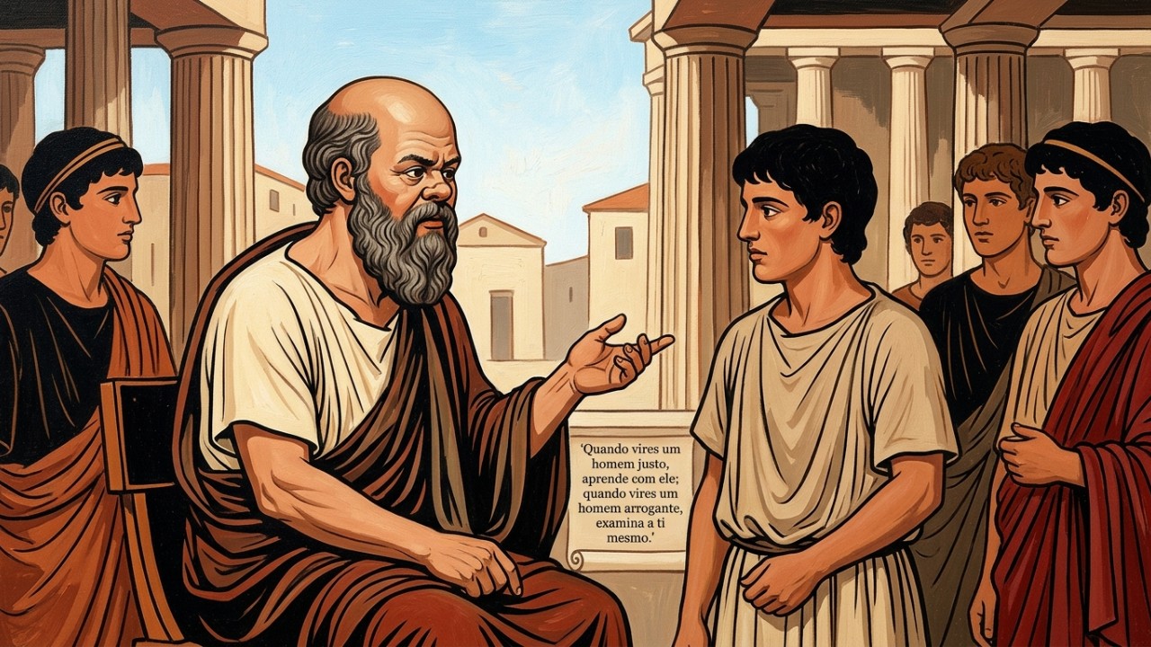 Sócrates, sábio filósofo grego e mestre do autoconhecimento, desde 400 a.C.: “Quando vires um homem justo, aprende com ele; quando vires um homem arrogante, examina-te a ti mesmo” O autoconhecimento socrático nos ensina a olhar para dentro antes de julgar o mundo. – Imagem gerada por IA