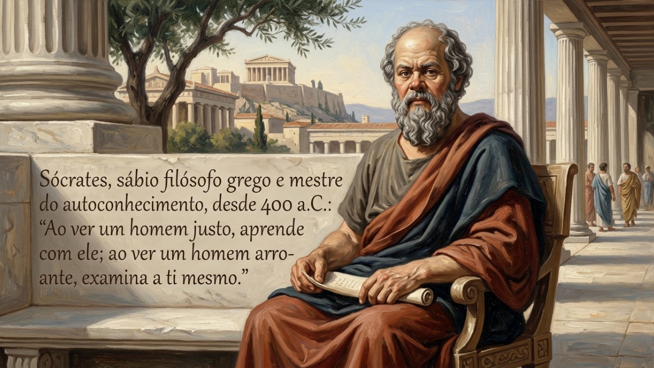 Sócrates, sábio filósofo grego e mestre do autoconhecimento, desde 400 a.C.: “Quando vires um homem justo, aprende com ele; quando vires um homem arrogante, examina-te a ti mesmo” Admitir a própria ignorância afasta o orgulho e abre espaço para a verdadeira sabedoria. – Imagem gerada por IA