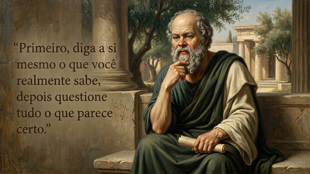 Sócrates, filósofo grego, já nos cutucava desde o século V a.C.: “Primeiro diga a si mesmo o que você realmente sabe, depois questione tudo o que parece certeza” O método socrático utilizava o diálogo e perguntas direcionadas para desconstruir certezas e trazer à luz a sabedoria interna. – Imagem gerada por IA