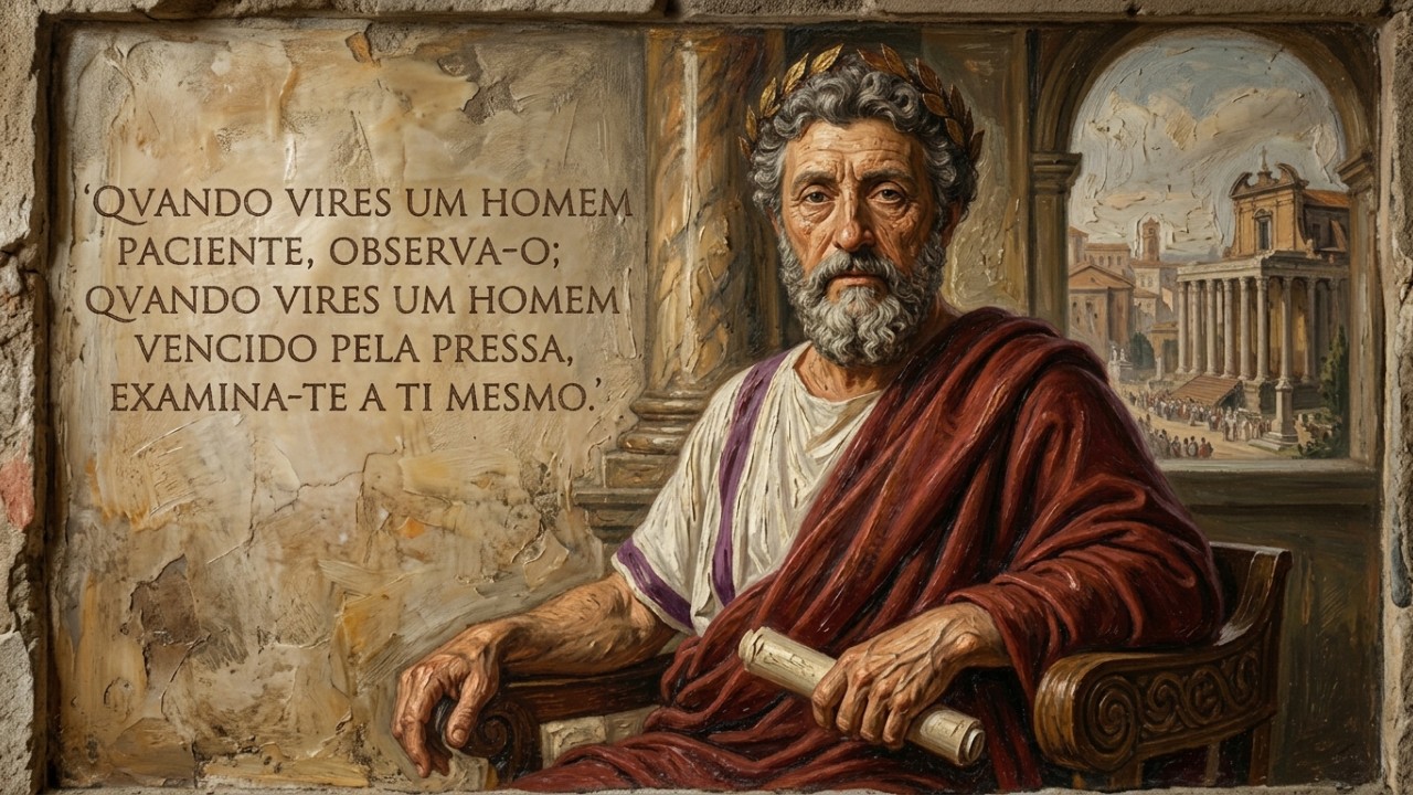 Marco Aurélio, sábio imperador romano e mestre da disciplina, desde o século II: “Quando vires um homem paciente, observa-o; quando vires um homem vencido pela pressa, examina-te a ti mesmo” Buscar o retiro interno e a tranquilidade total é o caminho para não permitir que a rotina acelerada governe a mente. – Imagem gerada por IA