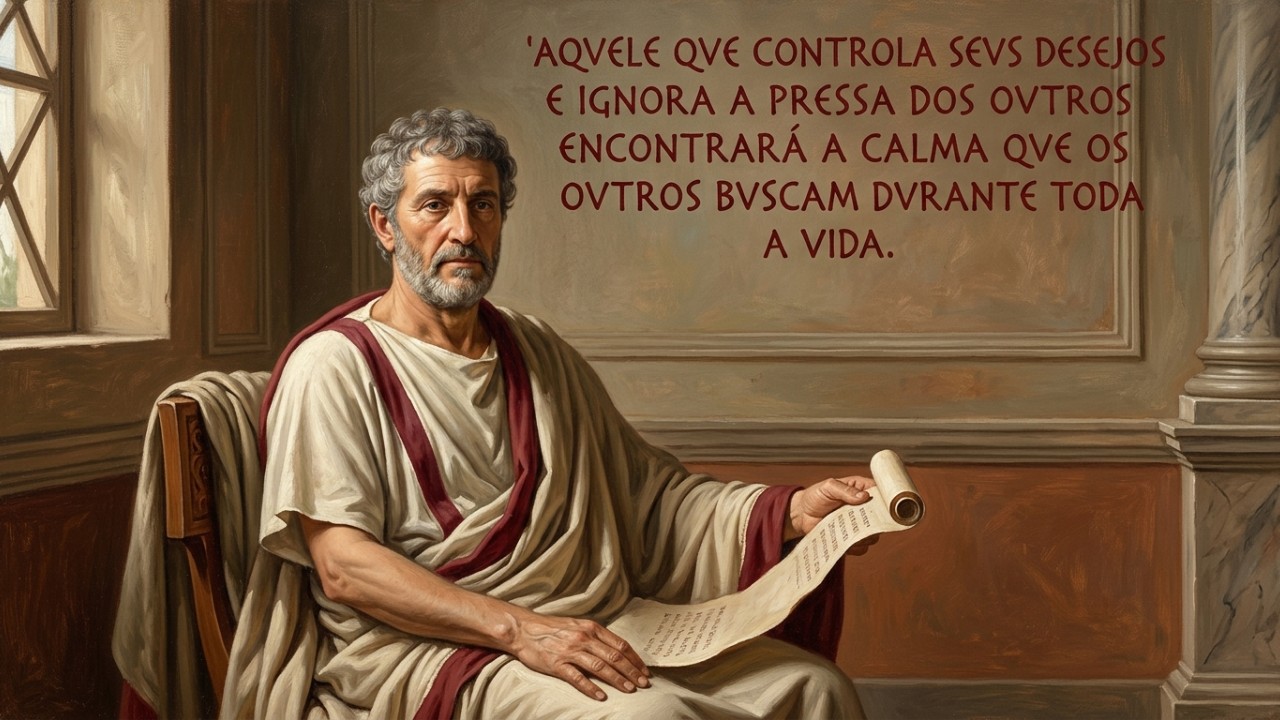 Sêneca, filósofo romano e mestre da serenidade: “Aquele que controla seus desejos e ignora a pressa alheia encontrará a calma que os outros procuram a vida inteira.” Controlar os desejos desordenados e silenciar o barulho do mundo são os passos fundamentais para alcançar a verdadeira paz. – Imagem gerada por IA