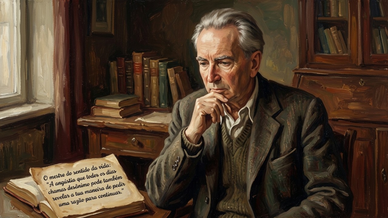 Viktor Frankl, o mestre do sentido da vida: “A angústia que você chama de desânimo todo dia também pode revelar o seu jeito de pedir um motivo para continuar” Encontrar um significado para as ações diárias fortalece a resiliência mental e transforma o cansaço em aprendizado. – Imagem gerada por IA