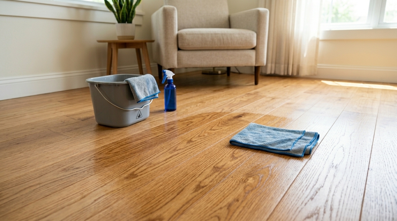 Você comete esse erro comum ao limpar o piso? Para prevenir estragos, especialistas recomendam pano de microfibra levemente umedecido, em vez de panos encharcados.