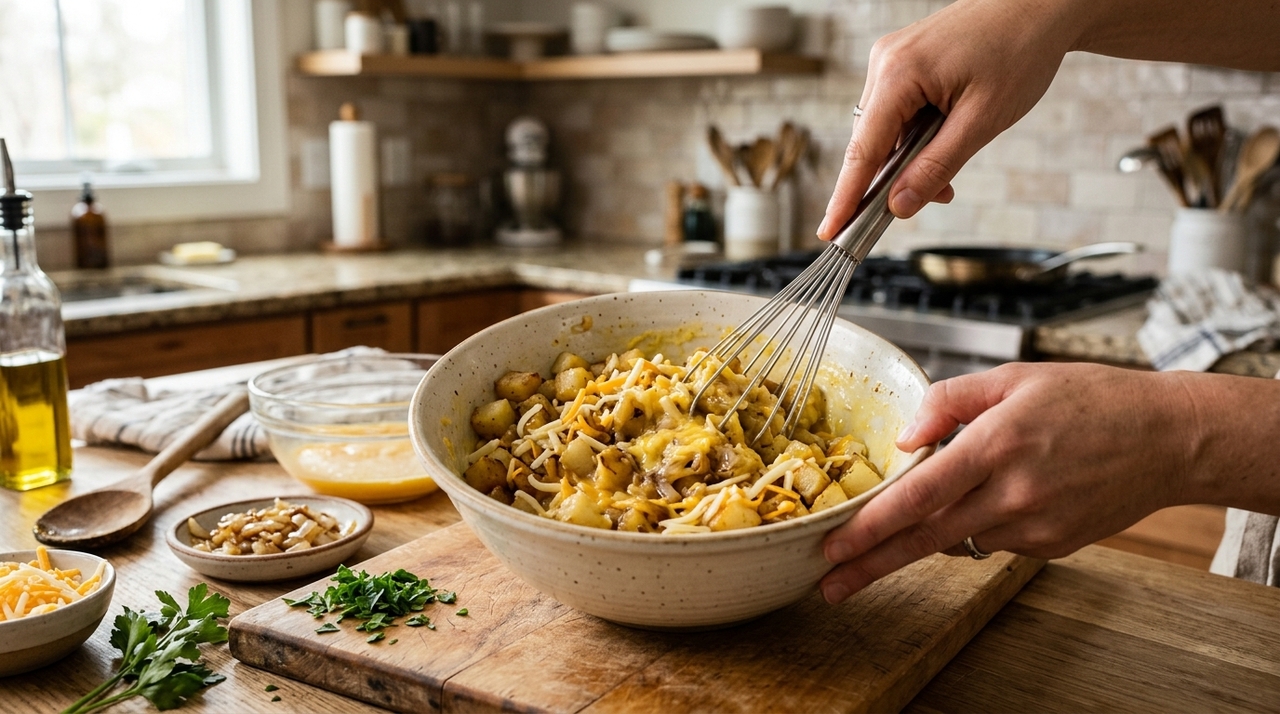A base da omelete de batata assada leva ingredientes simples: ovos, batatas, cebola e um pouco de queijo ralado.