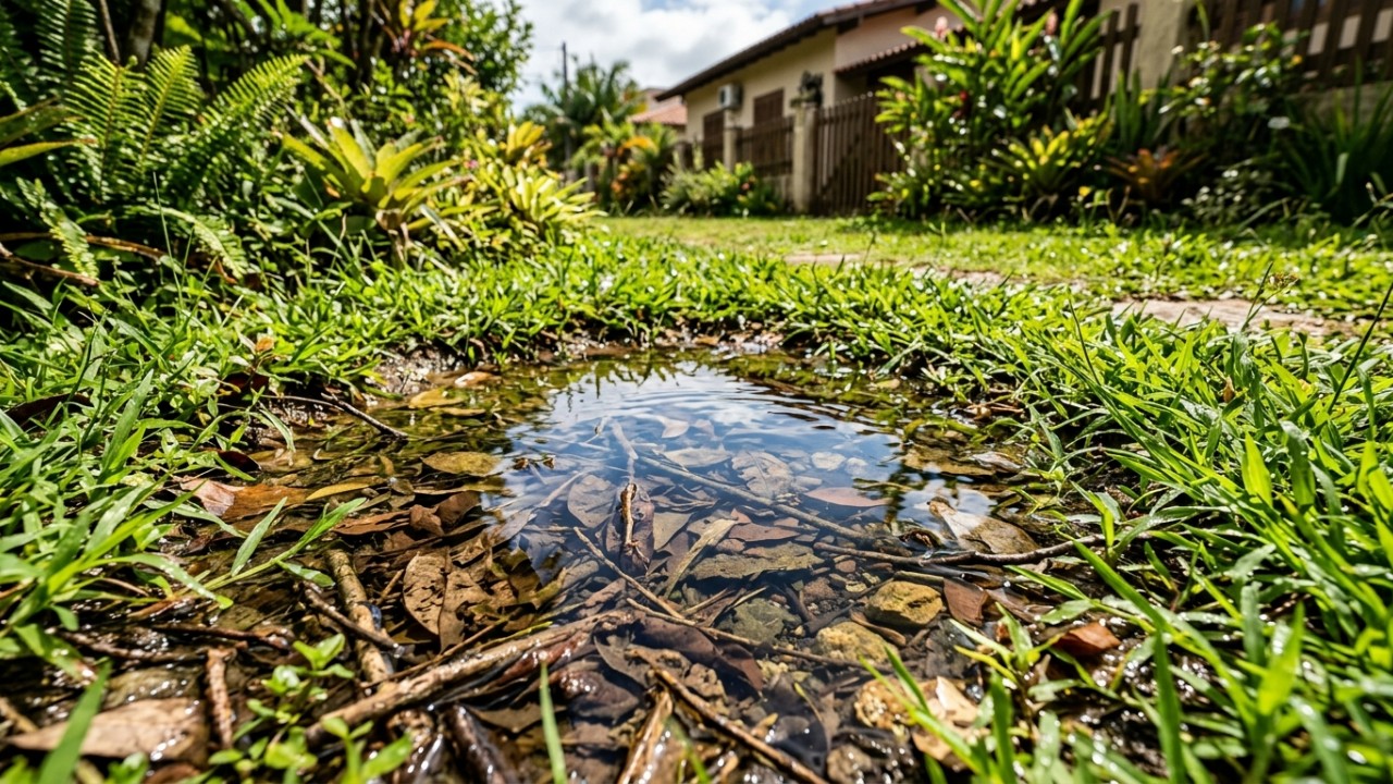 Pequenas poças sazonais no quintal servem como berçários naturais seguros para a reprodução de anfíbios. – Imagem gerada por IA