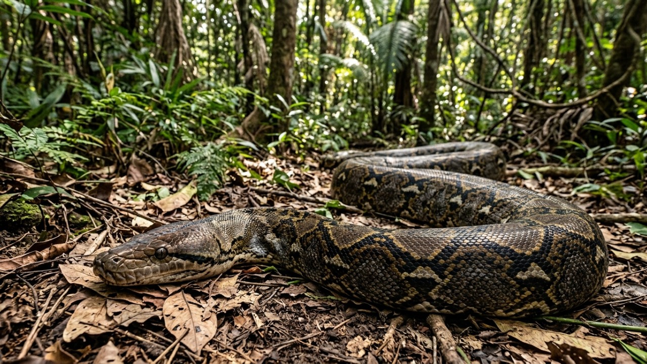 A píton-reticulada Ibu Baron foi capturada na Indonésia e confirmada como a maior cobra selvagem do mundo pelo Guinness World Records. – Imagem gerada por IA
