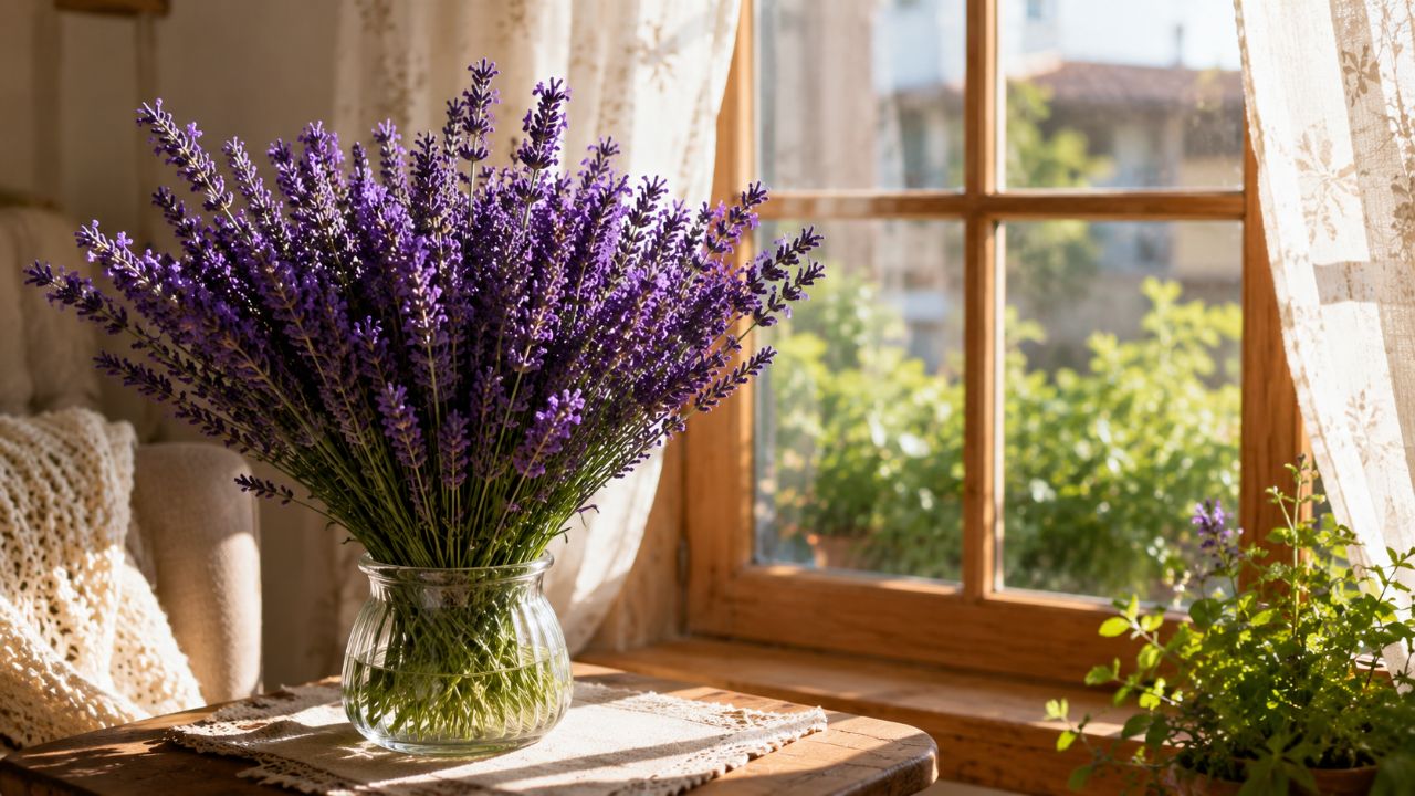 Ramos de lavanda na janela atraem equilíbrio, proteção, bem-estar e renovação ao lar.