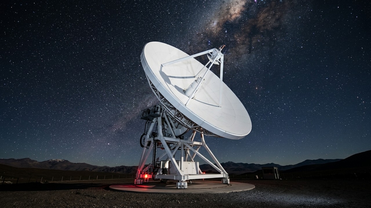 Astrônomos descobrem sistema binário raro que emite pulsos cósmicos regulares a cada uma hora e quarenta minutos. – Imagem gerada por IA