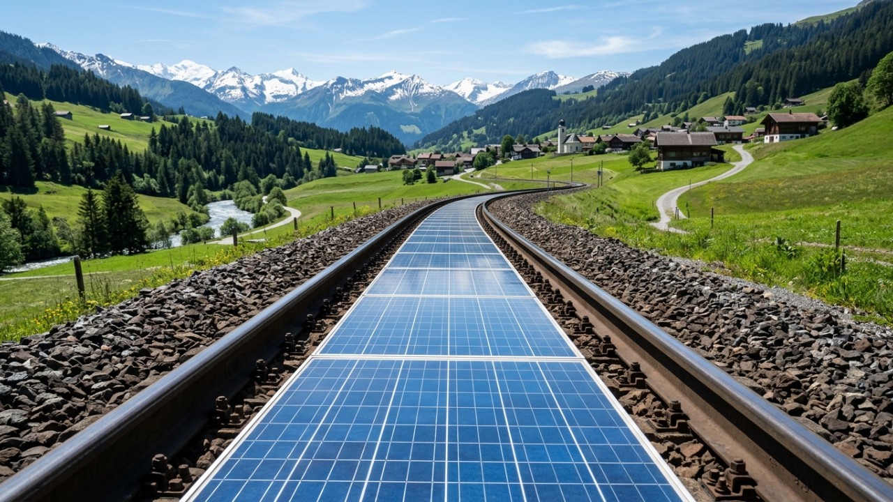 Parece impossível, mas a Suíça está colocando painéis solares debaixo dos trens para transformar as linhas ferroviárias em uma fonte quase infinita de energia limpa Uma ferrovia ativa na Suíça está utilizando o espaço entre os trilhos para instalar painéis solares removíveis e gerar energia limpa. – Imagem gerada por IA