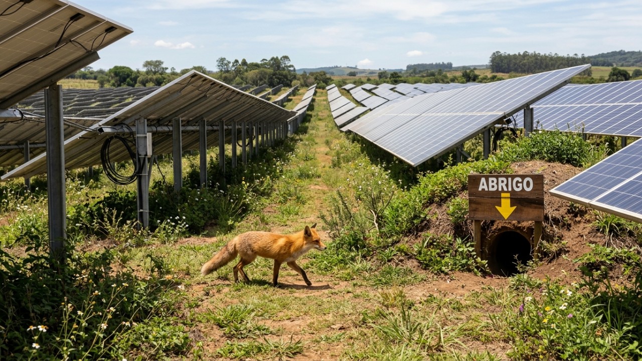 A instalação de tocas artificiais e cercas modificadas em complexos fotovoltaicos reduz a mortalidade da fauna local. – Imagem gerada por IA