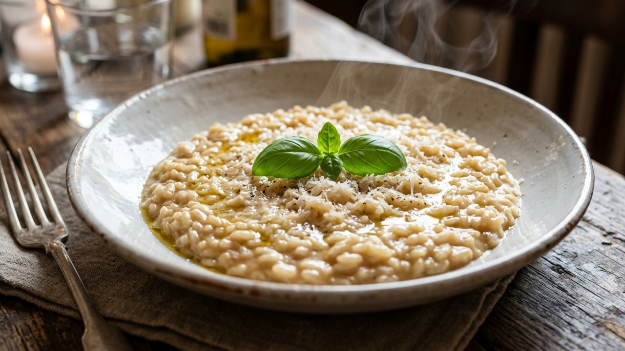 Os italianos concordam: “Para deixar o risoto mais cremoso e com sabor equilibrado, o segredo é adicionar o caldo aos poucos na hora de cozinhar o arroz.” A finalização com manteiga gelada e queijo parmesão ralado na hora garante o brilho e a cremosidade perfeitos do prato. – Imagem gerada por IA