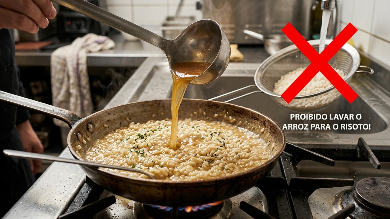 Os italianos concordam: “Para deixar o risoto mais cremoso e com sabor equilibrado, o segredo é adicionar o caldo aos poucos na hora de cozinhar o arroz.” A escolha da variedade correta de arroz e a liberação controlada de amido garantem a textura aveludada do autêntico risoto italiano. – Imagem gerada por IA