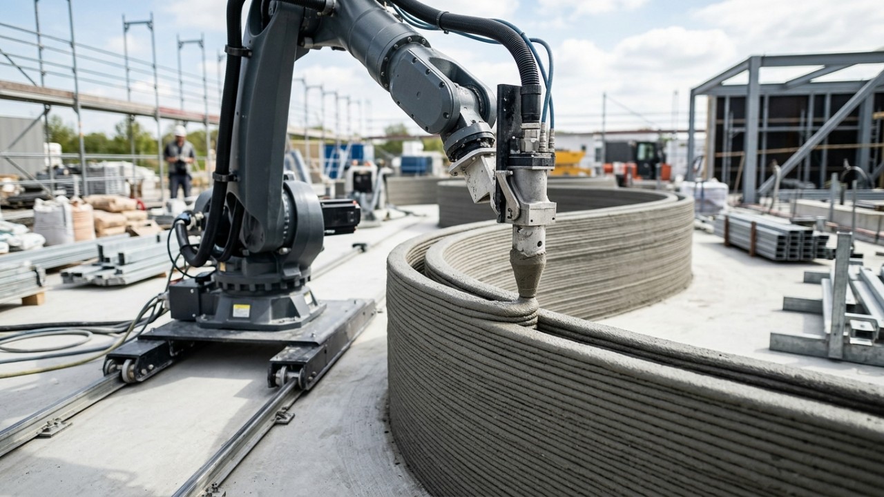 A França desafia os limites da engenharia ao erguer o maior prédio da Europa feito com uma impressora 3D em apenas 34 dias A utilização de robôs e materiais ecoeficientes diminui o impacto ambiental e melhora a segurança ergonômica dos trabalhadores na construção civil. – Imagem gerada por IA
