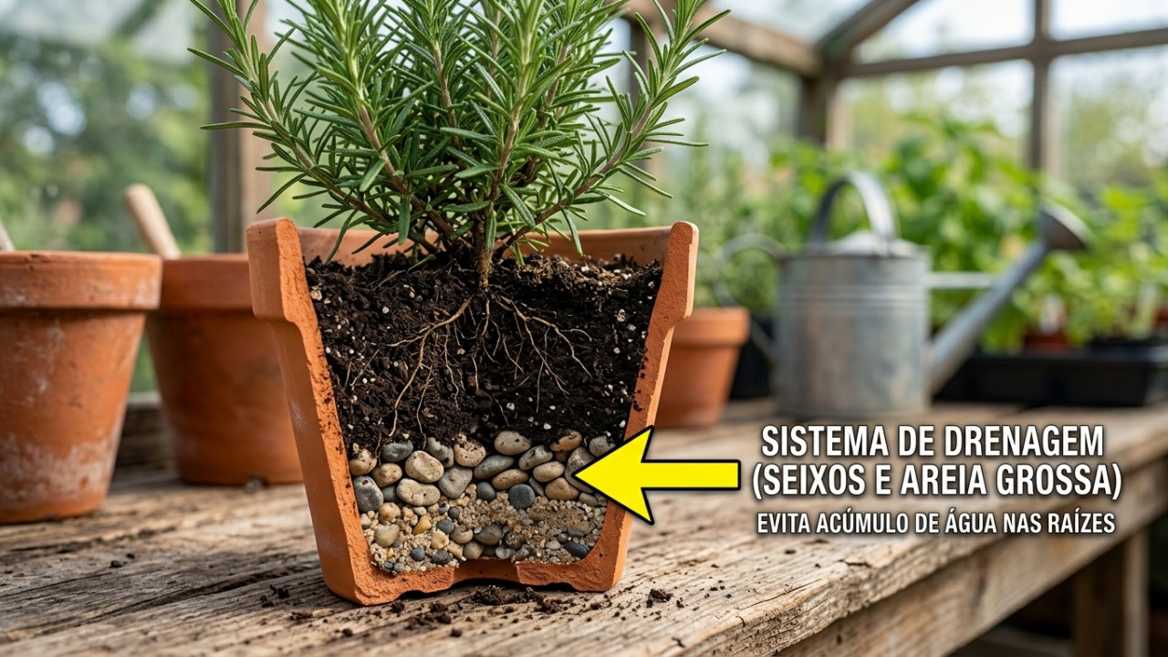 O excesso de umidade no solo é o principal fator que faz o alecrim murchar nos vasos. – Imagem gerada por IA