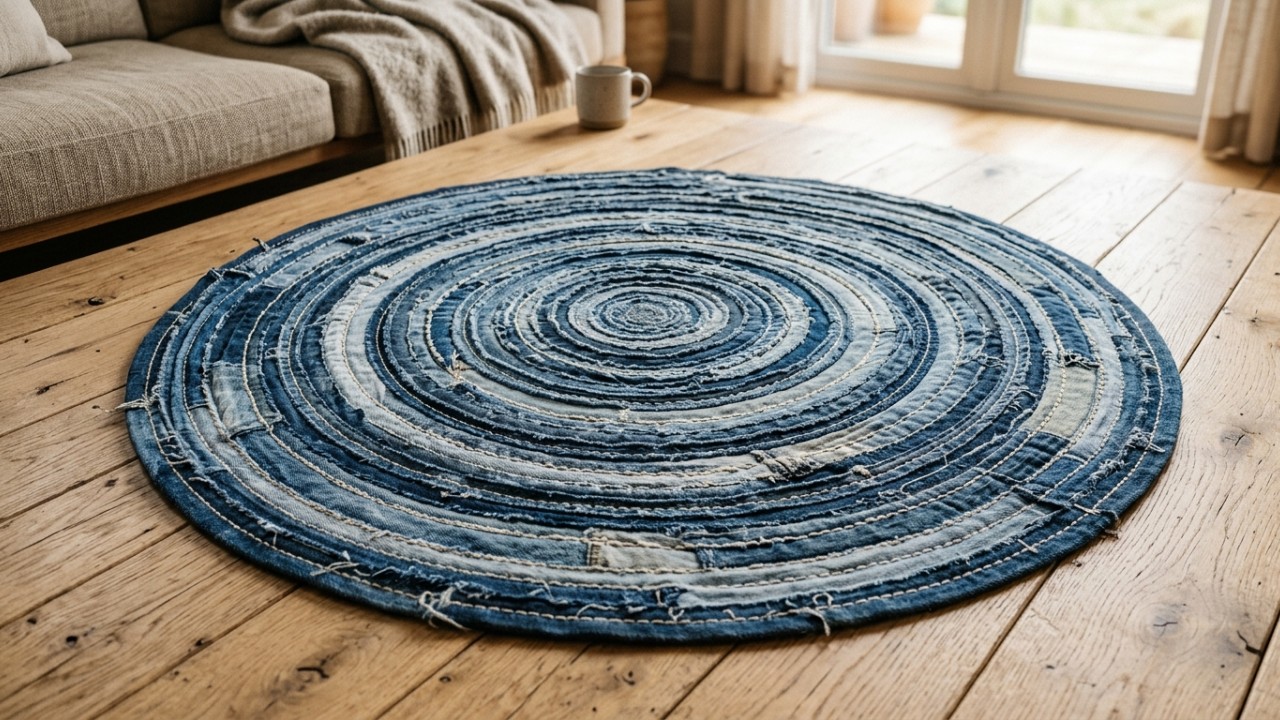 O upcycling de calças jeans velhas transforma tecidos esquecidos em tapetes artesanais exclusivos para decorar a casa. – Imagem gerada por IA