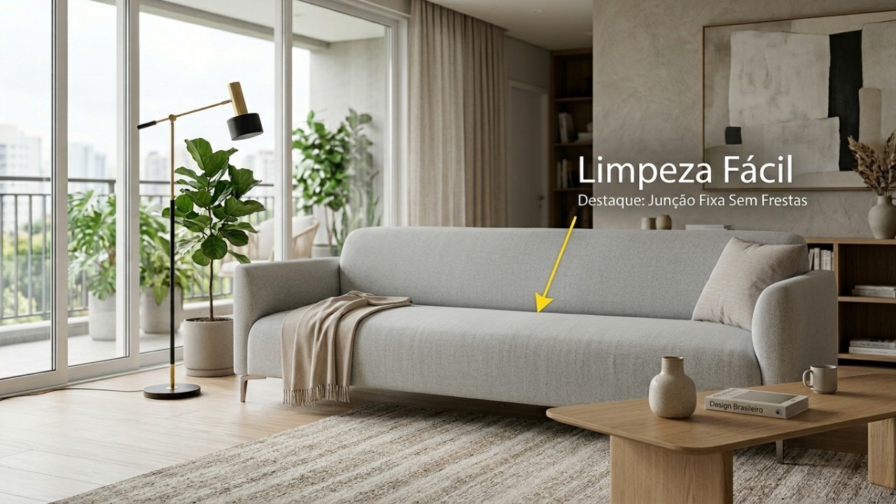 Os sofás modulares com encosto integrado oferecem versatilidade e facilidade de limpeza para otimizar o espaço do convívio familiar. – Imagem gerada por IA