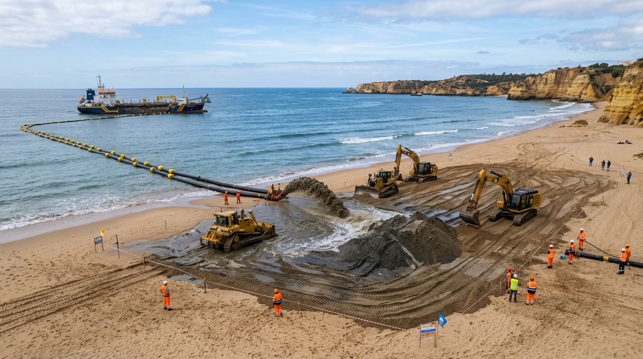 Portugal está transportando cerca de 2,2 milhões de toneladas de areia numa mega operação para salvar cerca de 37 metros de praias A intervenção ocorre entre Quarteira e Garrão, no município de Loulé, uma das áreas mais conhecidas do litoral algarvio.
