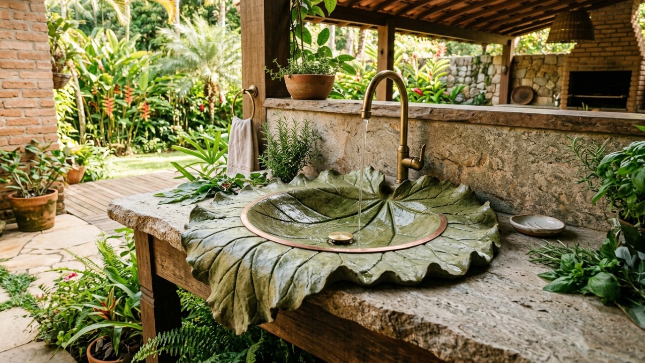 Crie uma pia para o jardim: basta ter criatividade e seguir este passo a passo O uso da tela metálica atua como um excelente reforço estrutural para evitar trincas na cuba artesanal. – Imagem gerada por IA