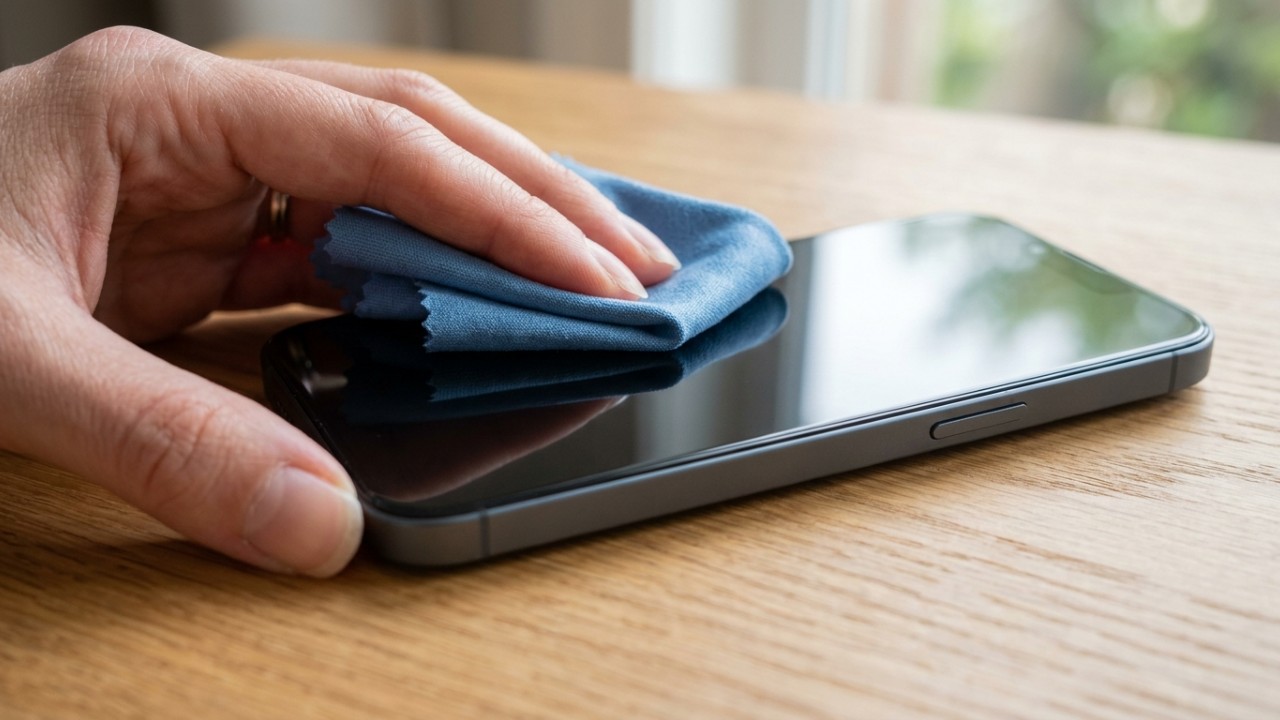 A higienização correta do smartphone deve ser feita com álcool isopropílico e um pano macio de microfibra para evitar danos permanentes. – Imagem gerada por IA