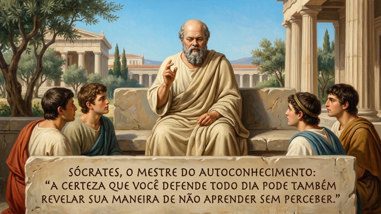 Sócrates, o mestre do autoconhecimento: “A certeza que você defende todo dia também pode revelar o seu jeito de não aprender sem perceber” Questionar as nossas opiniões rígidas liberta a mente de amarras psicológicas e promove uma profunda transformação racional. – Imagem gerada por IA