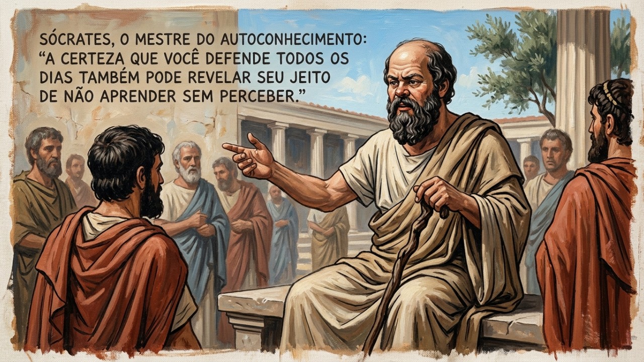 Sócrates, o mestre do autoconhecimento: “A certeza que você defende todo dia também pode revelar o seu jeito de não aprender sem perceber” Admitir a própria ignorância diante das falsas certezas das redes sociais é o primeiro passo para uma verdadeira evolução mental. – Imagem gerada por IA