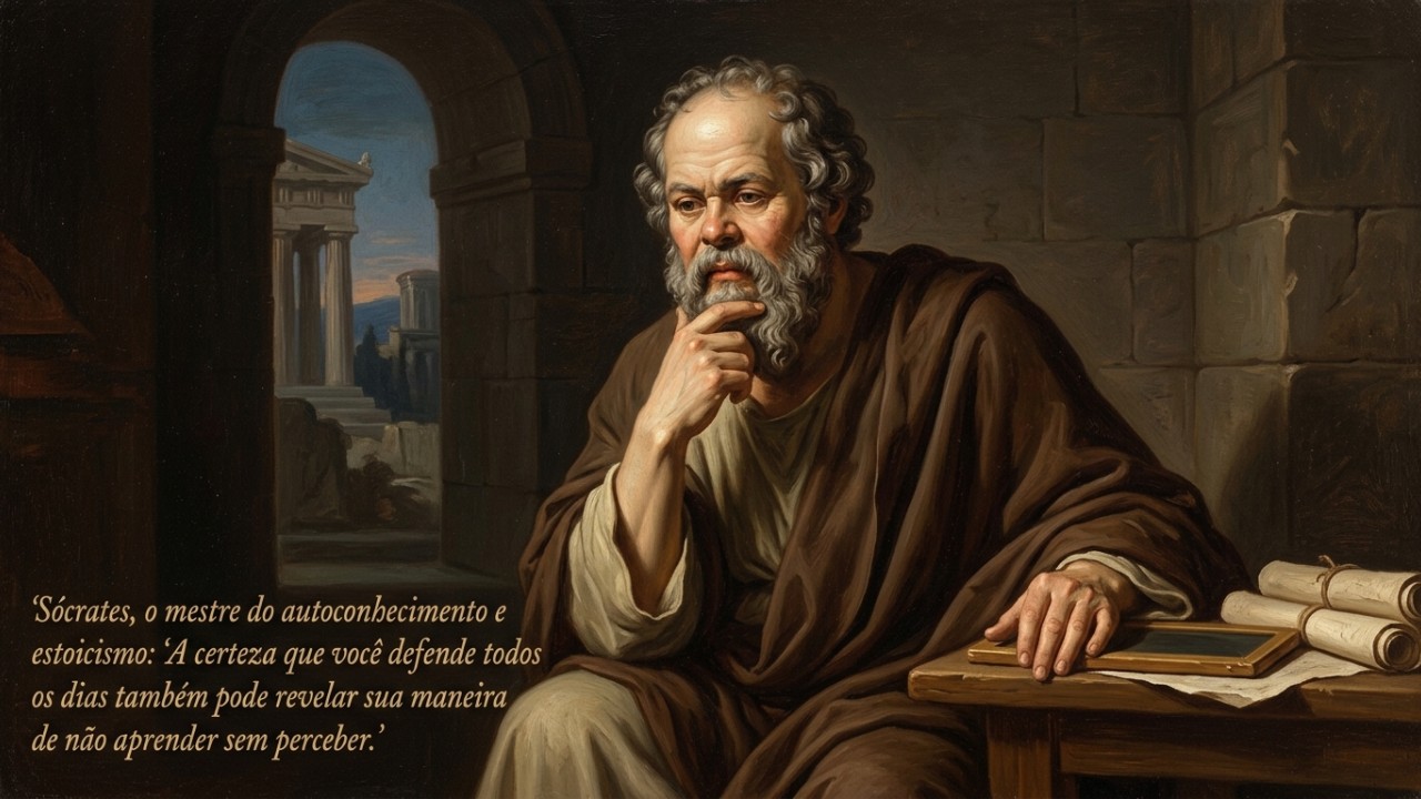 Sócrates, o mestre do autoconhecimento e estoicismo: “A certeza que você defende todo dia também pode revelar o seu jeito de não aprender sem perceber” A busca pelo autoconhecimento e o reconhecimento da própria ignorância são os pilares fundamentais para o desenvolvimento do pensamento crítico. – Imagem gerada por IA