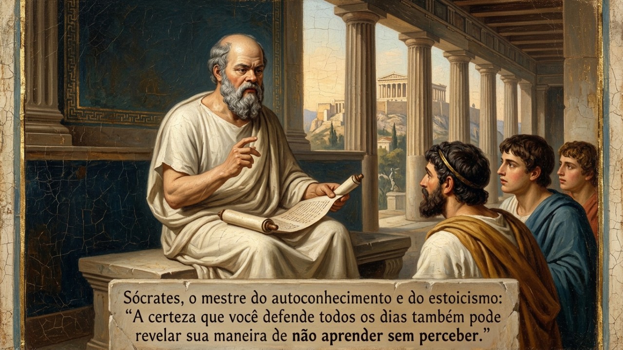 Sócrates, o mestre do autoconhecimento e estoicismo: “A certeza que você defende todo dia também pode revelar o seu jeito de não aprender sem perceber” O questionamento socrático transformou o pensamento grego ao deslocar o foco das investigações da natureza para a ética e a moralidade humana. – Imagem gerada por IA