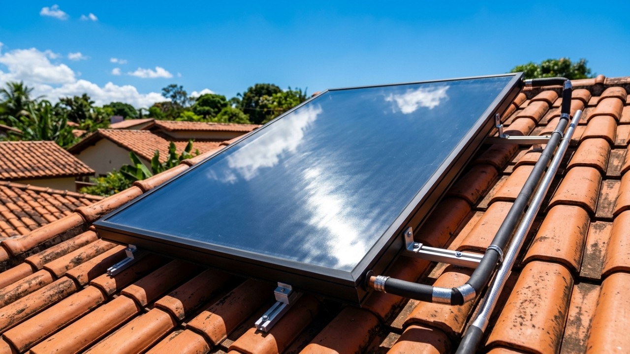A implementação de sistemas de energia solar térmica nos telhados reduz drasticamente os gastos mensais com água quente. – Imagem gerada por IA