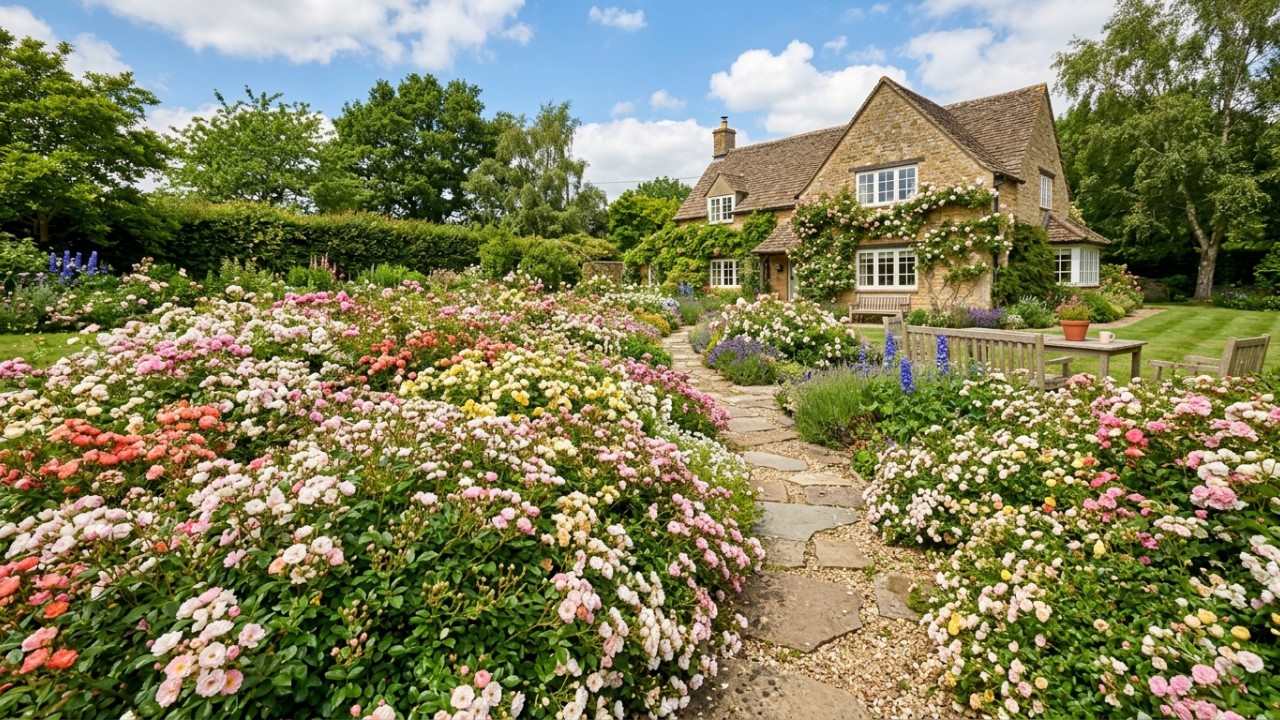 O cultivo de diferentes variedades de roseiras permite criar decorações versáteis e perfumadas para o jardim. – Imagem gerada por IA