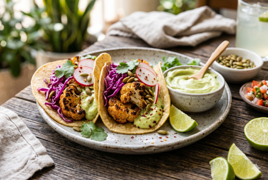 Tacos de couve-flor defumada crocantes por fora, macios por dentro